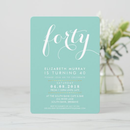 ELEGANT 40E verjaardagsfeestje INVITE script mint Kaart (Staand voorkant)