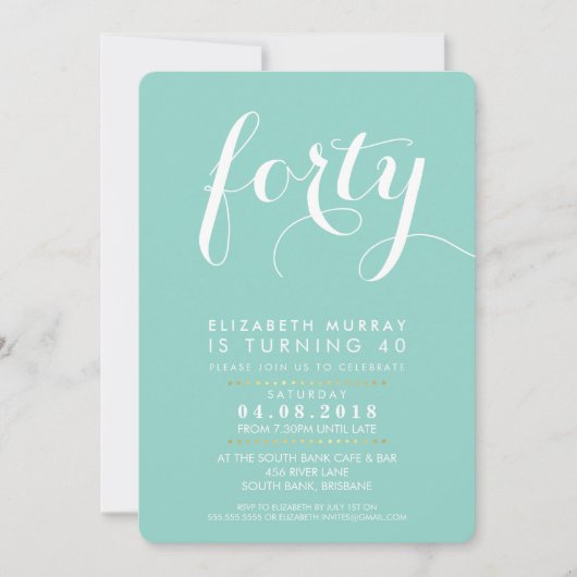 ELEGANT 40E verjaardagsfeestje INVITE script mint Kaart (Voorkant)