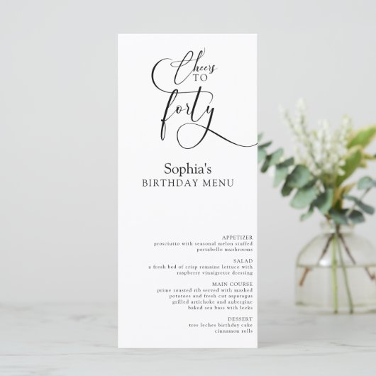 Elegant 40e verjaardagsfeestje menu (Staand voorkant)