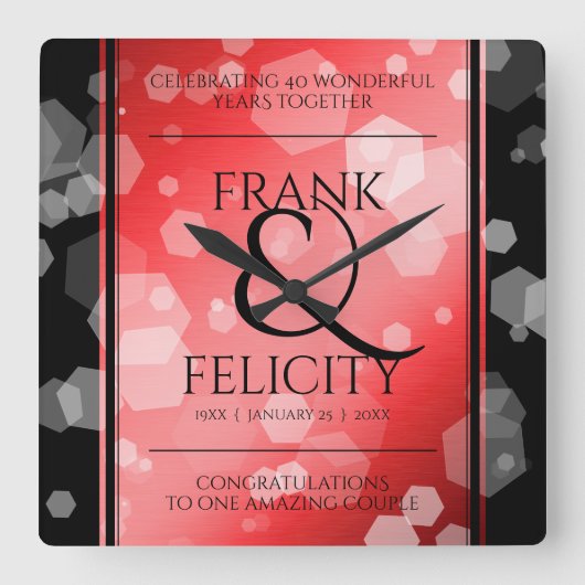 Elegant 40th 80th Ruby Wedding Jubileum Vierkante Klok (Voorkant)