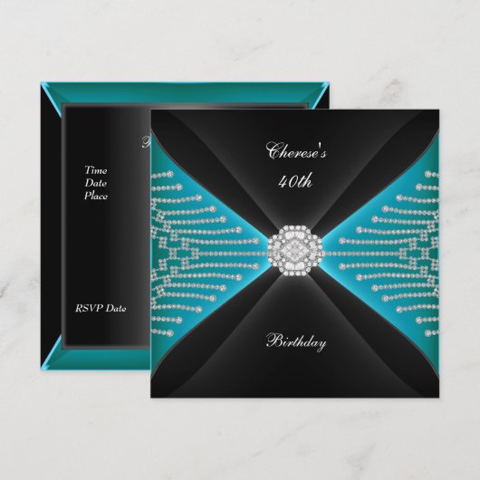 Elegant 40th Birthday Black Blauwgroen Blue Diamon Kaart (Voorkant / Achterkant)