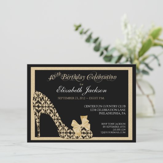 Elegant 40th Birthday Damask Shoe Invitation Kaart (Staand voorkant)