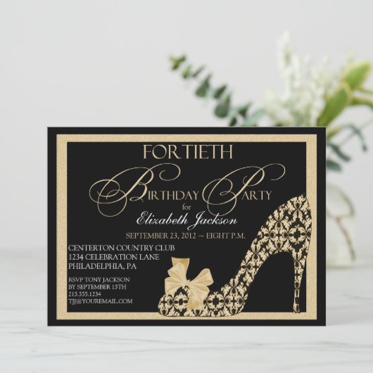 Elegant 40th Birthday Damask Shoe Invitation Kaart (Staand voorkant)