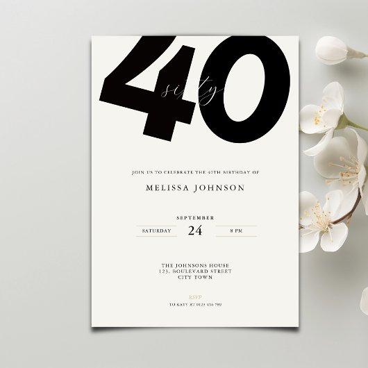 Elegant 40th Birthday Invitation - Minimal Style Kaart