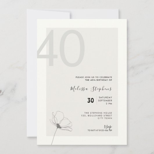 Elegant 40th Birthday Invitation - Minimal Style Kaart (Voorkant)