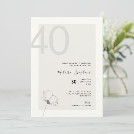 Elegant 40th Birthday Invitation - Minimal Style Kaart (Staand voorkant)