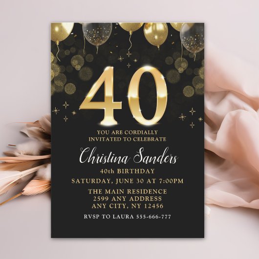 Elegant 40th Birthday Invitation with Gold Ballons Kaart