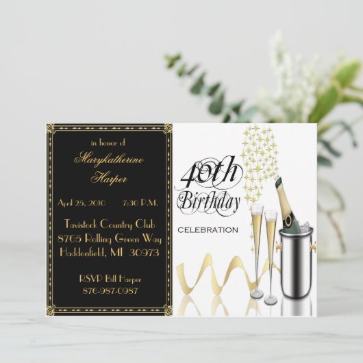 Elegant 40th Birthday Party Invitation Kaart (Staand voorkant)