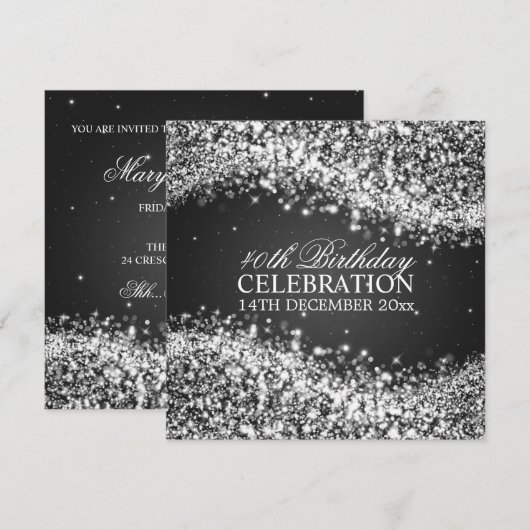Elegant 40th Birthday Party Sparging Wave Black Kaart (Voorkant / Achterkant)