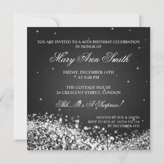 Elegant 40th Birthday Party Sparging Wave Black Kaart (Achterkant)
