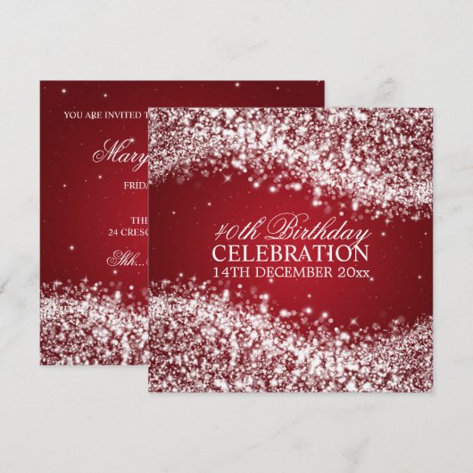 Elegant 40th Birthday Party Sparging Wave Red Kaart (Voorkant / Achterkant)
