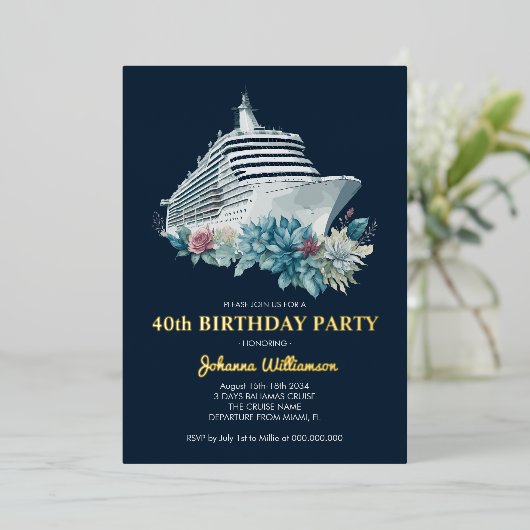Elegant 40th Birthday Party Women Cruise Trip Gold Folie Uitnodiging (Staand Voorkant)