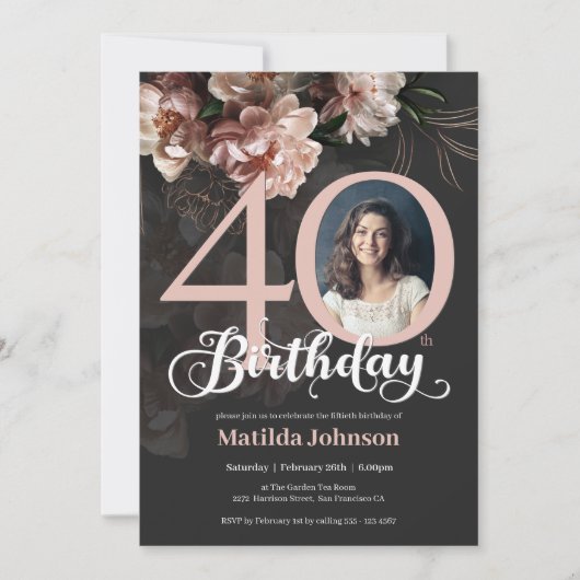 Elegant 40th Birthday Pink Lush Floral Moody Photo Kaart (Voorkant)