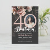Elegant 40th Birthday Pink Lush Floral Moody Photo Kaart (Staand voorkant)