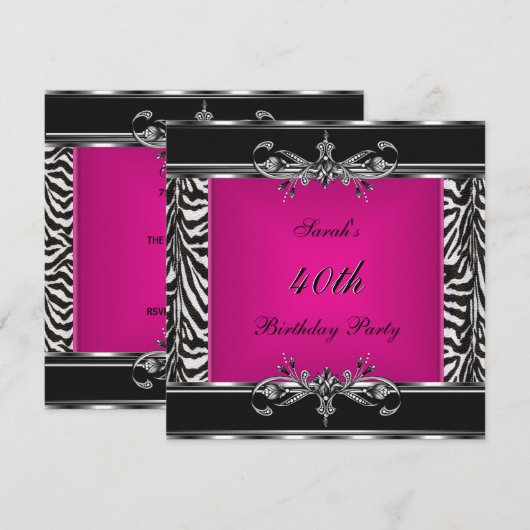 Elegant 40th Birthday Pink Zebra Black Silver Kaart (Voorkant / Achterkant)