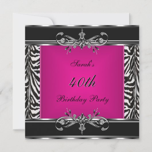 Elegant 40th Birthday Pink Zebra Black Silver Kaart (Voorkant)