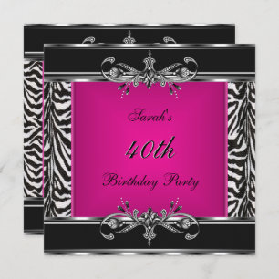 Elegant 40th Birthday Pink Zebra Black Silver Kaart