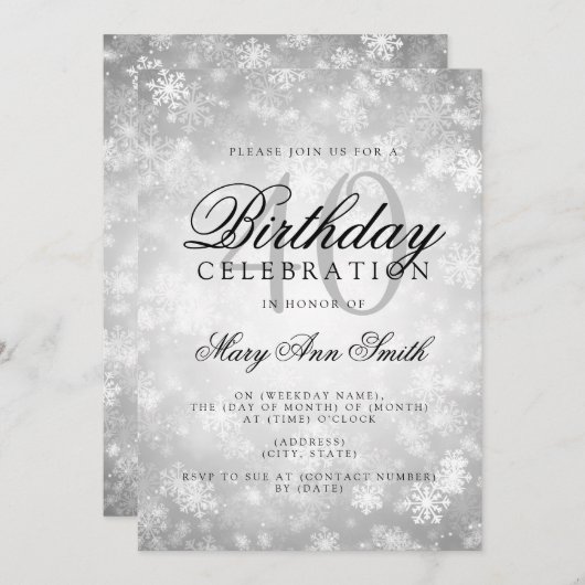 Elegant 40th Birthday Silver Winter Wonderland Kaart (Voorkant / Achterkant)
