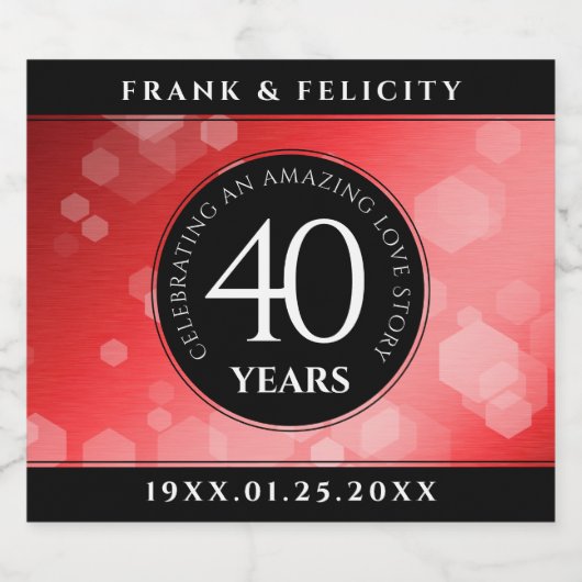 Elegant 40th Ruby Wedding Jubileum Celebration Sparkling Wijnetiket (Enkel label)