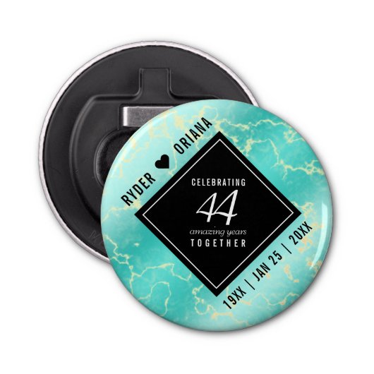 Elegant 44th Turquoise Wedding Jubileum Button Flesopener (Voorkant)