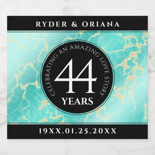 Elegant 44th Turquoise Wedding Jubileum Sparkling Wijnetiket (Enkel label)