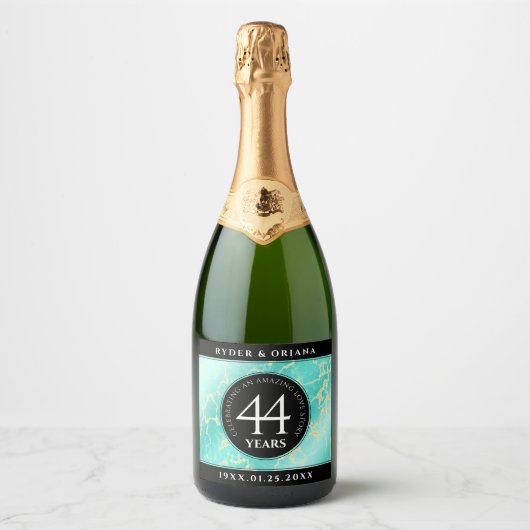 Elegant 44th Turquoise Wedding Jubileum Sparkling Wijnetiket (Voorkant)