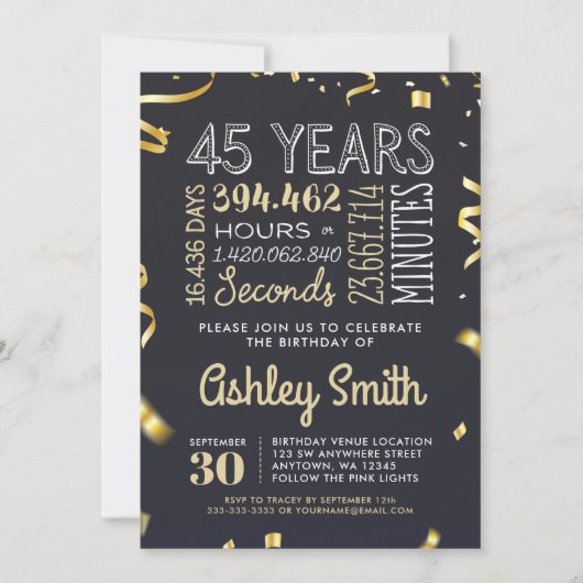 Elegant 45th Birthday Invitation Gold Glitter Kaart (Voorkant)