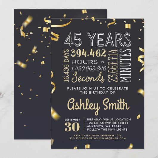 Elegant 45th Birthday Invitation Gold Glitter Kaart (Voorkant / Achterkant)
