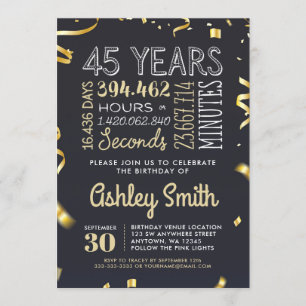 Elegant 45th Birthday Invitation Gold Glitter Kaart