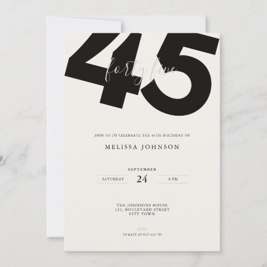 Elegant 45th Birthday Invitation - Minimal Style Kaart (Voorkant)