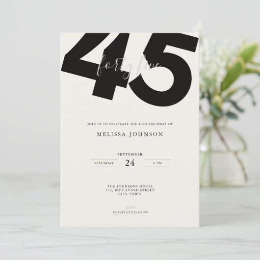 Elegant 45th Birthday Invitation - Minimal Style Kaart (Staand voorkant)