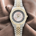 Elegant 46th Pearl Wedding Anniversary Celebration Horloge<br><div class="desc">Celebrate the 46th pearl wedding anniversary with this commemorative watch! Elegant lettering with pearls on a pearlescent pink background add a memorable touch for this special occasion and extraordinary milestone. Customize with couple's names,  dates of marriage,  and congratulatory messages.

Design © W.H. Sim. See more at zazzle.com/expressionsoccasions</div>