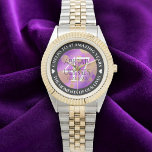 Elegant 47th Amethyst Wedding Anniversary Horloge<br><div class="desc">Celebrate the 47th amethyst wedding anniversary in style with this commemorative watch! Elegant lettering with gold-dusted hexagonal confetti on an amethyst background add a memorable touch for this special occasion and extraordinary milestone. Customize with couple's names, dates of marriage, and congratulatory messages. Design © W.H. Sim. See more at zazzle.com/expressionsoccasions...</div>