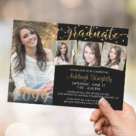 Elegant 4 Foto Afstuderen Black Gold Confetti Kaart