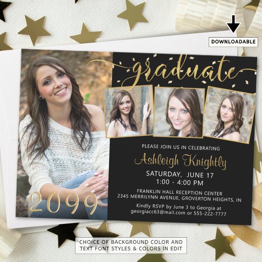Elegant 4 Foto Afstuderen Black Gold Confetti Kaart
