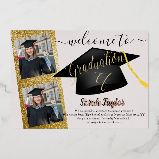 Elegant 4 Foto Afstuderen Folie Uitnodiging (Voorkant)