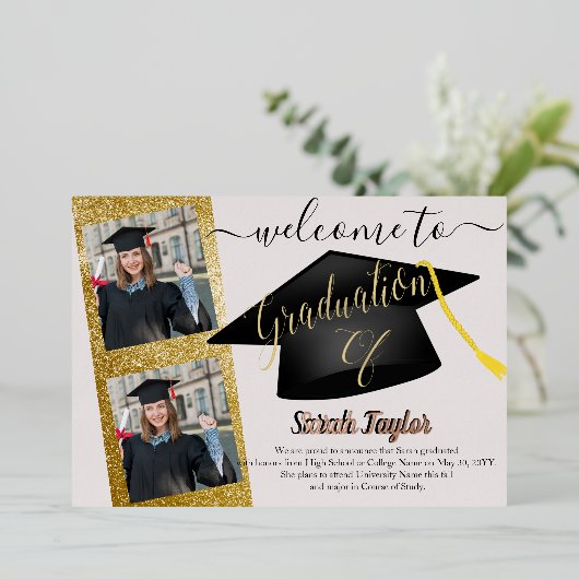 Elegant 4 Foto Afstuderen Folie Uitnodiging (Staand Voorkant)