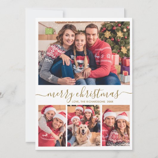 Elegant 4 Fotocollage Goud Script Kerstmis Feestdagenkaart (Voorkant)