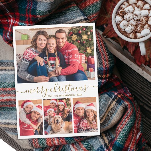 Elegant 4 Fotocollage Goud Script Kerstmis Feestdagenkaart