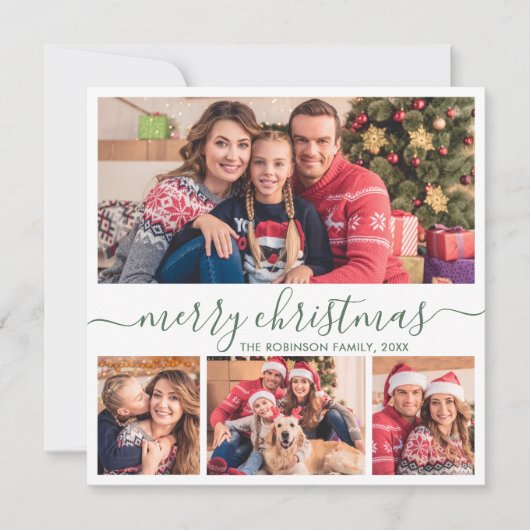 Elegant 4 Fotocollage Groen Script Kerstmis Feestdagenkaart (Voorkant)