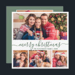Elegant 4 Fotocollage Groen Script Kerstmis Feestdagenkaart<br><div class="desc">Moderne minimalistische elegante salie groen "vrolijk kerstfeest" script 4 foto collage vakantie Kaart. Deze feestelijke, grillige mimalist, vier (4) foto vakantie kaart sjabloon beschikt over een fotocollage en zegt "Vrolijk kerstfeest"! De begroetingstekst "Merry Christmas" is geschreven in een prachtige handgeschreven wervelende swash-tail lettertypekalligrafie of typografie in salie groen en wit....</div>