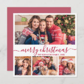 Elegant 4 Fotocollage Rood Script Kerstmis Feestdagenkaart (Voorkant / Achterkant)