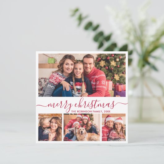 Elegant 4 Fotocollage Rood Script Kerstmis Feestdagenkaart (Staand voorkant)