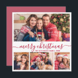 Elegant 4 Fotocollage Rood Script Kerstmis Feestdagenkaart<br><div class="desc">Modern Minimalistisch Elegant Wit en Rood "Vrolijk kerstfeest" Script 4 Fotocollage Vakantie Kaart. Deze feestelijke, grillige mimalist, vier (4) foto vakantie kaart sjabloon beschikt over een fotocollage en zegt "Vrolijk kerstfeest"! De begroetingstekst "Vrolijk kerstfeest" is geschreven in een prachtige handgeschreven swirly swash-tail lettertypekalligrafie of typografie in rood wit. Aan de...</div>