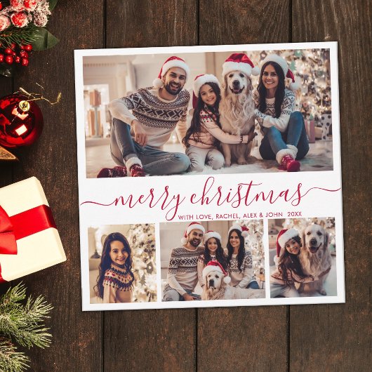 Elegant 4 Fotocollage Rood Script Kerstmis Feestdagenkaart