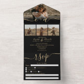 Elegant 4 Foto's gouden zwarte moderne scriptbruil All In One Uitnodiging (Binnen)