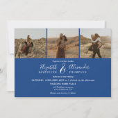 Elegant 4 Foto's modern script bruiloft blauw wit Kaart (Voorkant)
