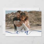 Elegant 4 Foto's modern script bruiloft blauw wit Kaart (Achterkant)