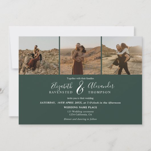 Elegant 4 Foto's modern script bruiloft groen Kaart (Voorkant)