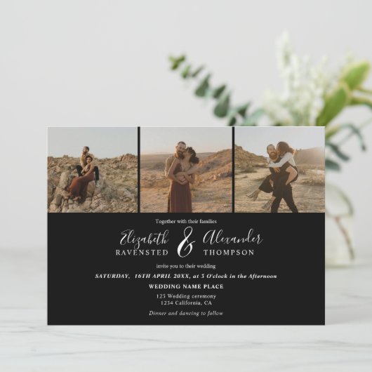 Elegant 4 Foto's modern script bruiloft zwart Kaart (Staand voorkant)